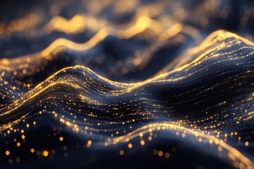 Poster - Abstract motion background featuring golden bokeh particles flowing serenely on a dark surface, Abstract motion background bokeh golden particles effect video
