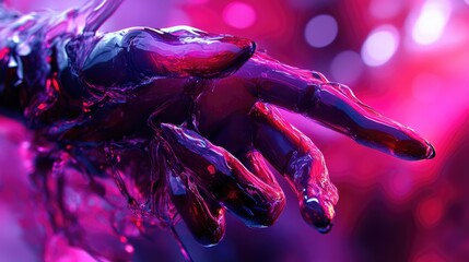 Poster - A translucent, liquid-like hand reaching out, bathed in vibrant pink and purple neon light