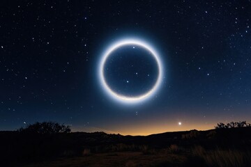 Aufkleber - Bright halo around the moon illuminates a starry night sky over a tranquil landscape, A big bright halo around the moon as viewed on a clear starry night