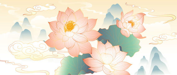 Wall Mural - luxury lotus flower gold line background vector. elegant pink lotus flowers with oriental lotus flow