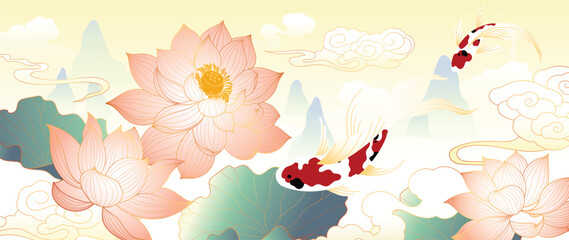 Wall Mural - luxury lotus flower gold line background vector. elegant pink lotus flowers with oriental lotus flow