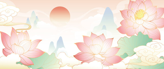 Wall Mural - luxury lotus flower gold line background vector. elegant pink lotus flowers with oriental lotus flow