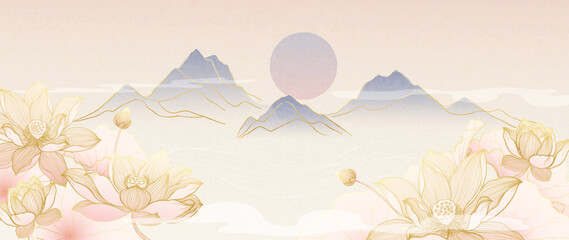 Wall Mural - luxury lotus flower gold line background vector. elegant pink lotus flowers with oriental lotus flow