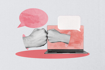 Aufkleber - Template sketch image composite artwork collage of laptop display hand gesture fist support customer help quote sticker dialog note speech
