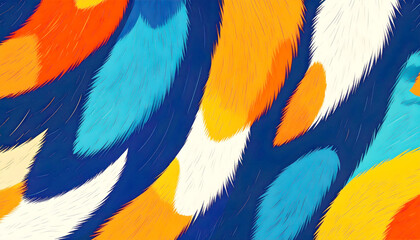 Poster - A striking abstract background features vibrant, textured brushstrokes in shades of orange, yellow, and blue, against a dark blue base, evoking a feathery or painterly effect