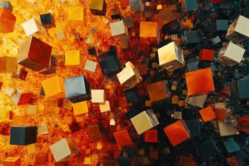 Poster - Falling cubes create a dynamic abstract display in vibrant colors and geometric shapes, 4K Abstract Falling Cubes 3D CGI
