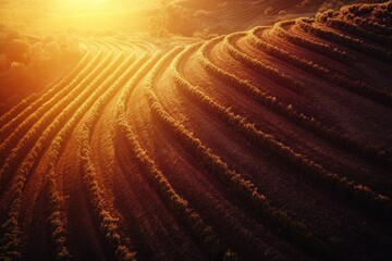 Poster - Sunset glow illuminating rolling fields in a picturesque valley, Sunset glow over beautiful fields of valley - majestic drone shot