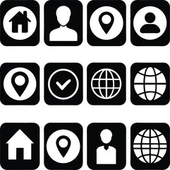 Poster - Collection of black and white square icons representing home user location and global network symbols