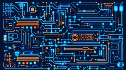 Aufkleber - Abstract digital circuit board with glowing blue and orange lines