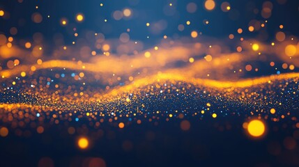 Poster - Abstract golden particles flowing in dark blue, creating a wave-like motion with bokeh effect
