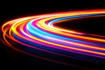 Poster - Vibrant neon light trails swirling across a dark background create an electrifying visual experience, neon trails over light spots on black background