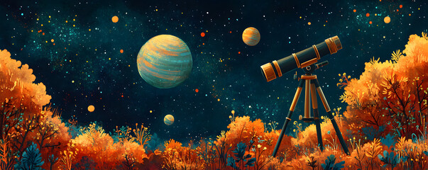 Wall Mural - A whimsical celestial landscape featuring a telescope, vibrant trees, and distant planets, perfect for celebrating astronomy day and inspiring stargazing adventures.