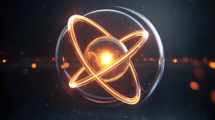Poster - Glowing orb with orbiting rings, set against a dark, bokeh background