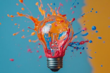 Poster - Creative light bulb splashed with vibrant paint against a bright backdrop, Creative light bulb with colorful paint and splashes creative idea concept