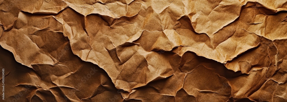 Close-up of wrinkled brown kraft paper texture, showing intricate folds and creases with rich earthy tones.