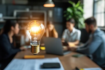 Poster - business meeting highlights innovative ideas with a light bulb symbolizing creativity and inspiratio