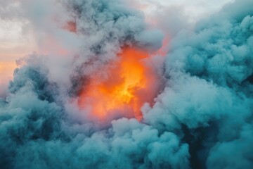 Aufkleber - Stunning display of thick smoke with an orange-blue hue rising in the evening sky, a beautiful thick smoke with an orange-blue tint creeps over the surface