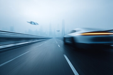 Poster - Sleek car speeds along wet highway in futuristic cityscape, with flying vehicles in misty sky and tall skyscrapers in background, evoking excitement and innovation