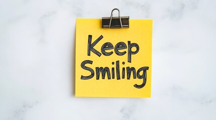 Poster - Yellow Sticky Note on White Marble Background With the Inspirational Message Keep Smiling