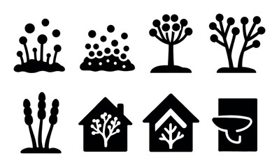 black and white nature and home icon set with trees and mushrooms