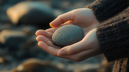 Poster - Person Holding Smooth Gray Stone in Hand with Natural Background at Sunset in a Serene Outdoor Environment