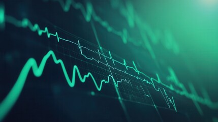 Fototapete - Abstract Representation of a Digital Waveform on a Dark Background with Green Tones and High-Tech Feelings in a Scientific Context