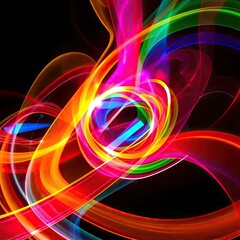Poster - Vibrant, swirling light trails in red, orange, yellow, green, blue, and pink, creating an abstract, dynamic composition against a black background