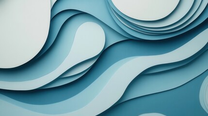 Poster - Abstract layered paper design in soothing blue tones with flowing waves and circular forms, ideal for backgrounds and creative projects