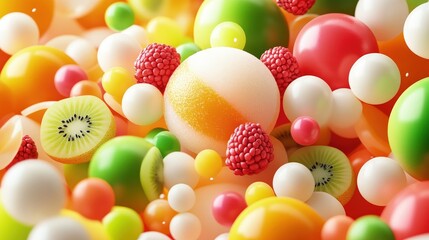 Poster - Vibrant spheres and fruit slices, a colorful abstract composition