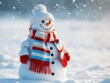 © DEER FLUFFY - Festive Snowman Standing in a Snowy Landscape, Decorated with a Colorful Scarf.