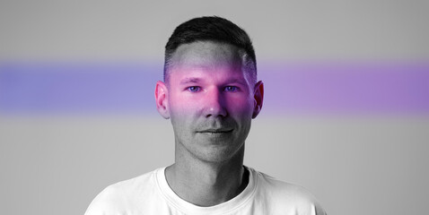 Poster - Portrait of a man with colorful light effects in a creative studio setting from a contemporary art perspective