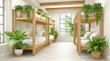 Wall Mural - Bright modern dorm room features bunk beds and indoor plants near .