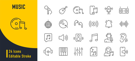 Poster - Music web icons in line style. Audio wave, music, volume, speaker, headphones, mic, musical note. Vector illustration.