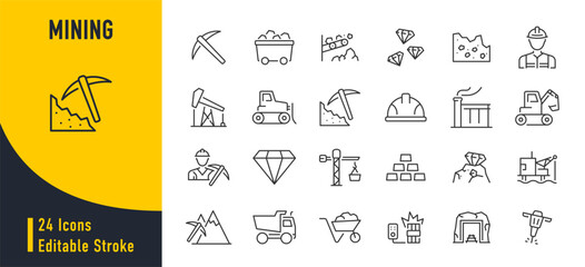 Poster - Mining web icons in line style. Diamond, gold, mine, ore, pickaxe, coal wagon. Vector illustration.