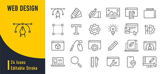 Poster - Web design web icons in line style. Development, web design, creative process, network technology. Vector illustration.