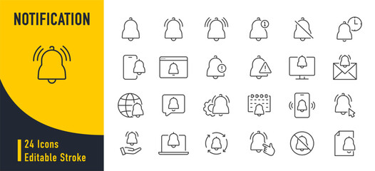 Poster - Notification web icons in line style. Message, sound, bell, online, devices, chat, social, notification, reminder. Vector illustration.