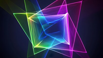 Fototapete - Abstract background with blue, green, and purple lines in a square shape, with a glowing effect on a dark background. 