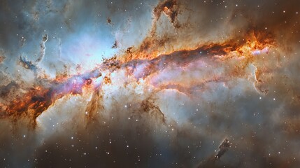 Wall Mural - A vibrant cosmic cloud with streaks of orange and blue light amidst a field of distant stars
