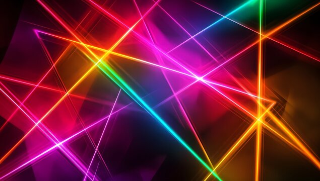 Generate an image of neon light lines forming triangles on a dark background. The colors should be vibrant and glowing, 