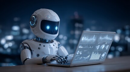 A futuristic robot works at a laptop.
