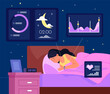 © ssstocker - Sleep tracker. Sleep quality infographic monitor health data chart mobile app, woman sleeping with smartwatch in bedroom deep dream cycle tracking vector illustration