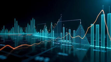 Fototapete - Illuminated data visualization with bar graphs and line graph on a dark reflective surface