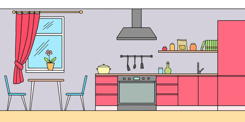 Fototapete - Kitchen room graphic color home interior sketch illustration vector 