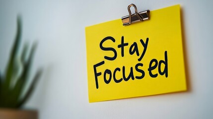 Poster - Stay Focused Yellow Sticky Note Reminder Concept, Business Motivation and Inspiration
