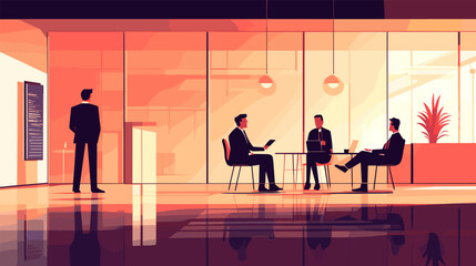 Poster - Corporate meeting top management. Business company conference or job interview in directors office interior, businessman boss and employee worker communication vector illustration