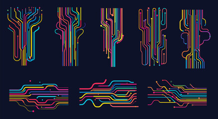 Poster - Electrical paths. Circuit board isolated multicolor lines, semiconductor microchip cpu chip digital tech technology ai concept abstract electric path motherboard vector illustration