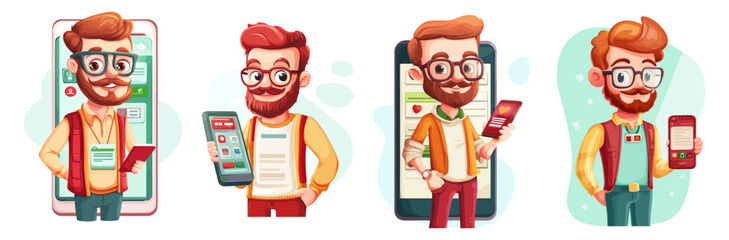 Poster - Mobile app developer. It engineer company founder presents phone application, cartoon man with beard in glasses hold smartphone software develop maintenance vector illustration