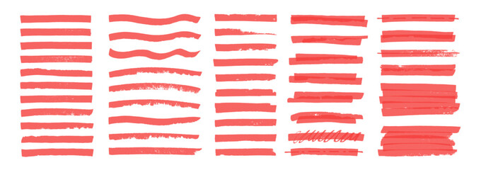 Aufkleber - Set of marker lines with organic texture. Straight lines of a marker or brush for highlighting and underlining. Red illustration on a white background.