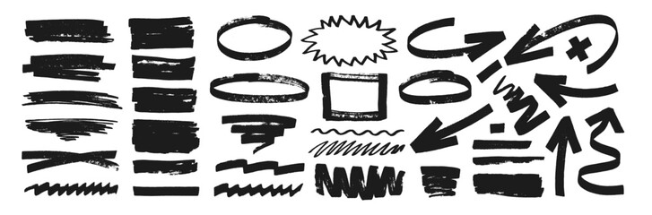 Aufkleber - Set of highlights or marker lines with organic texture. Stripe, underline, arrow and oval in sketch style. Black illustration on a white background.