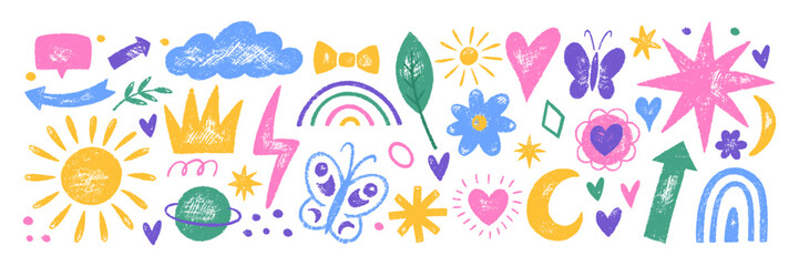 Aufkleber - Collection of doodle hand drawn heart, crown, rainbow and clouds with crayon, pastel, chalk or pencil texture. Color vector illustration on a white background.